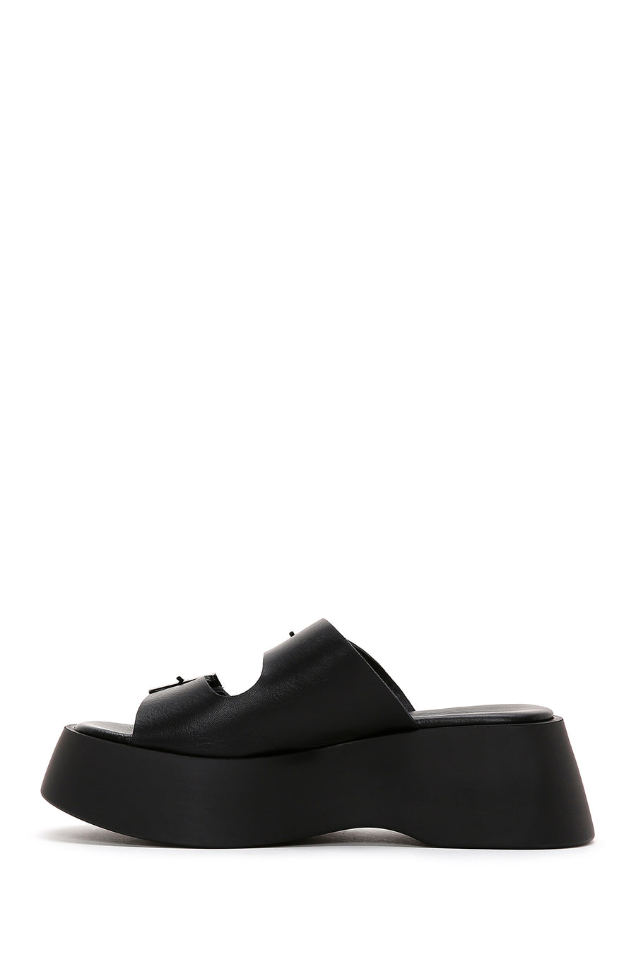 Women's Black Double Buckle Thick Soled Leather Slippers