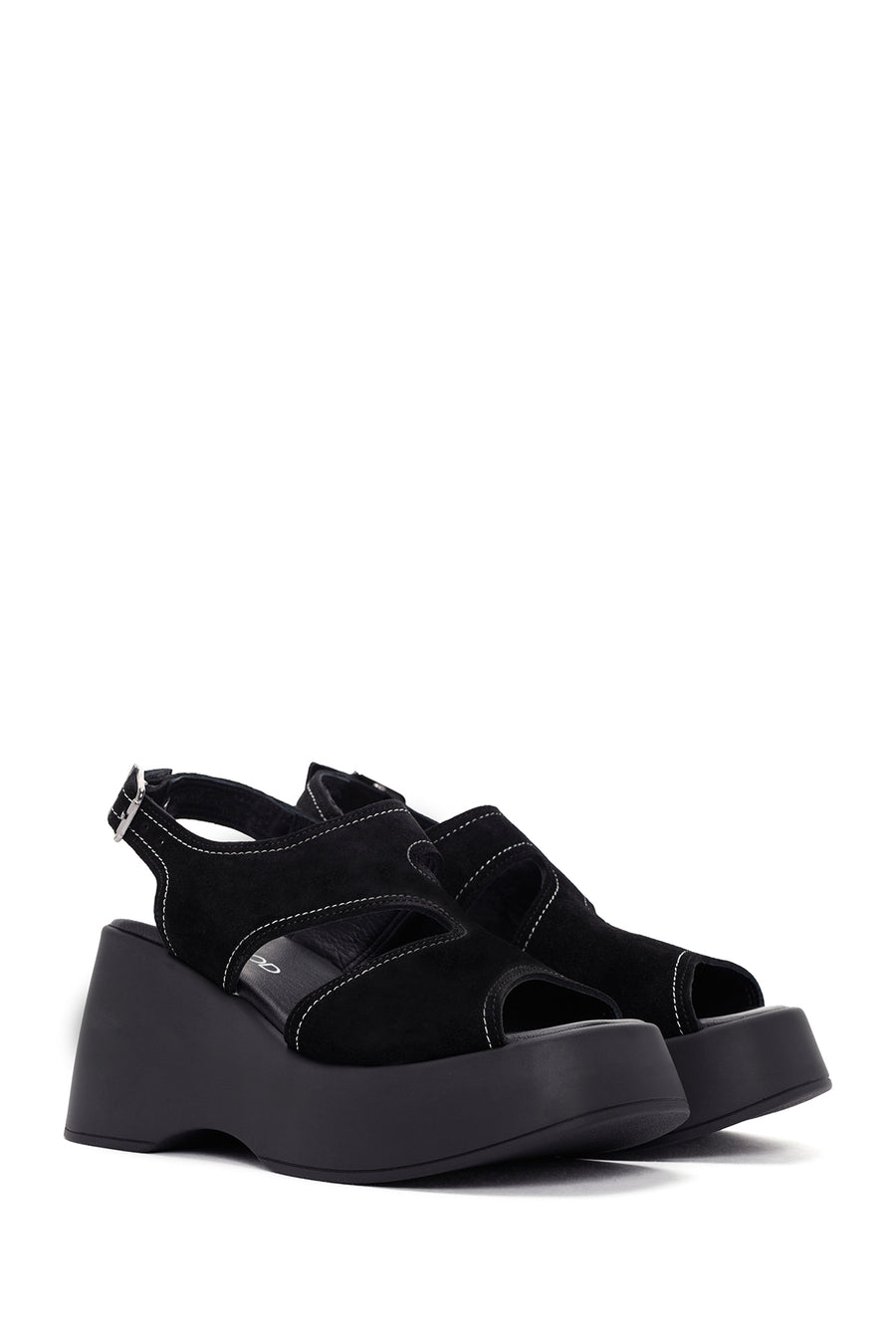 Women's Black Ankle Strap Thick Soled Suede Leather Sandals