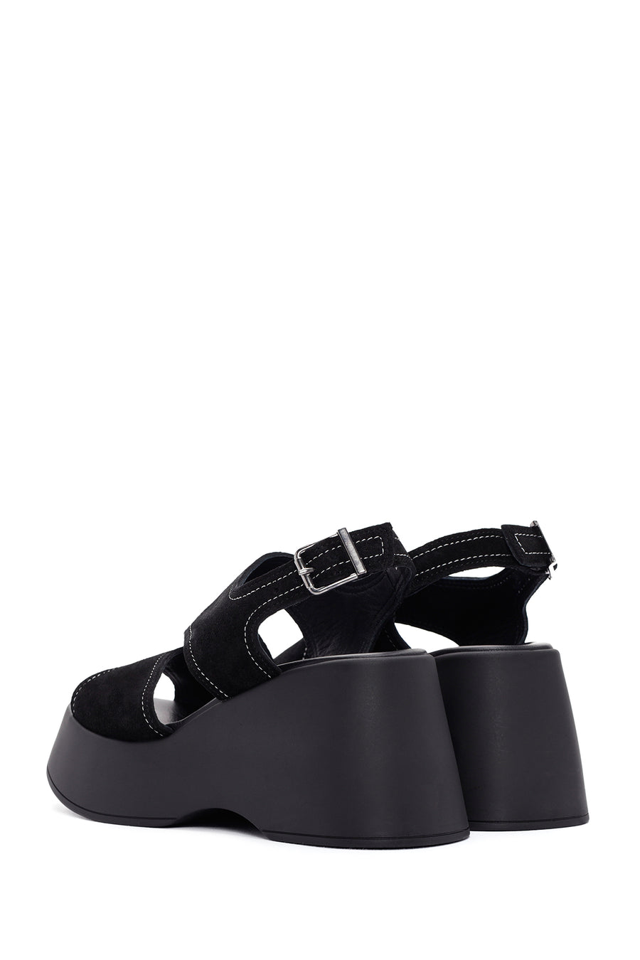 Women's Black Ankle Strap Thick Soled Suede Leather Sandals