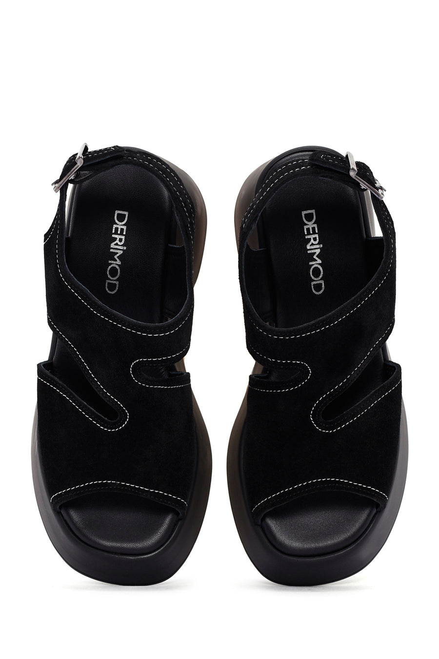 Women's Black Ankle Strap Thick Soled Suede Leather Sandals