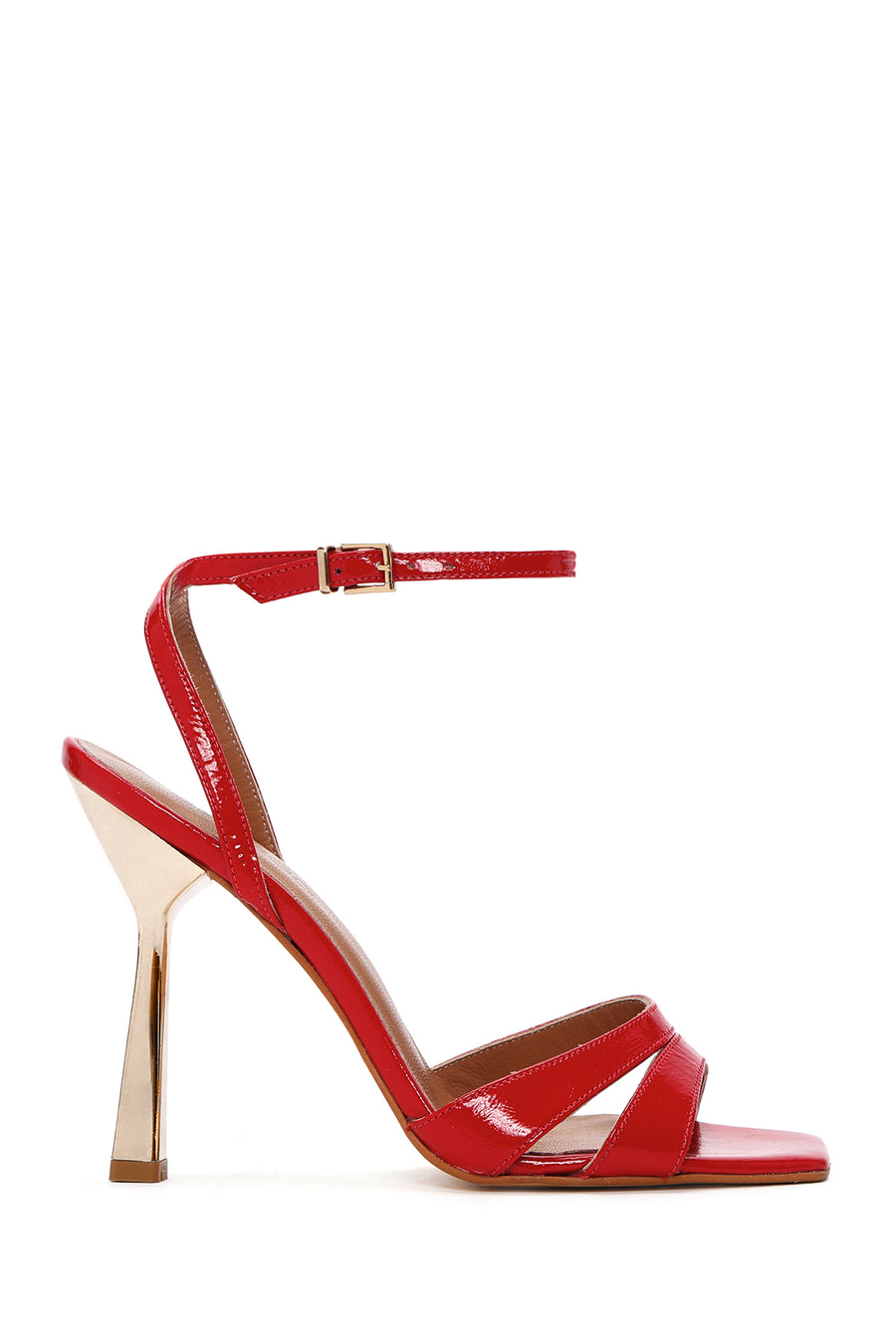 Women's Red Ankle Strap Thin Heeled Patent Leather Sandals