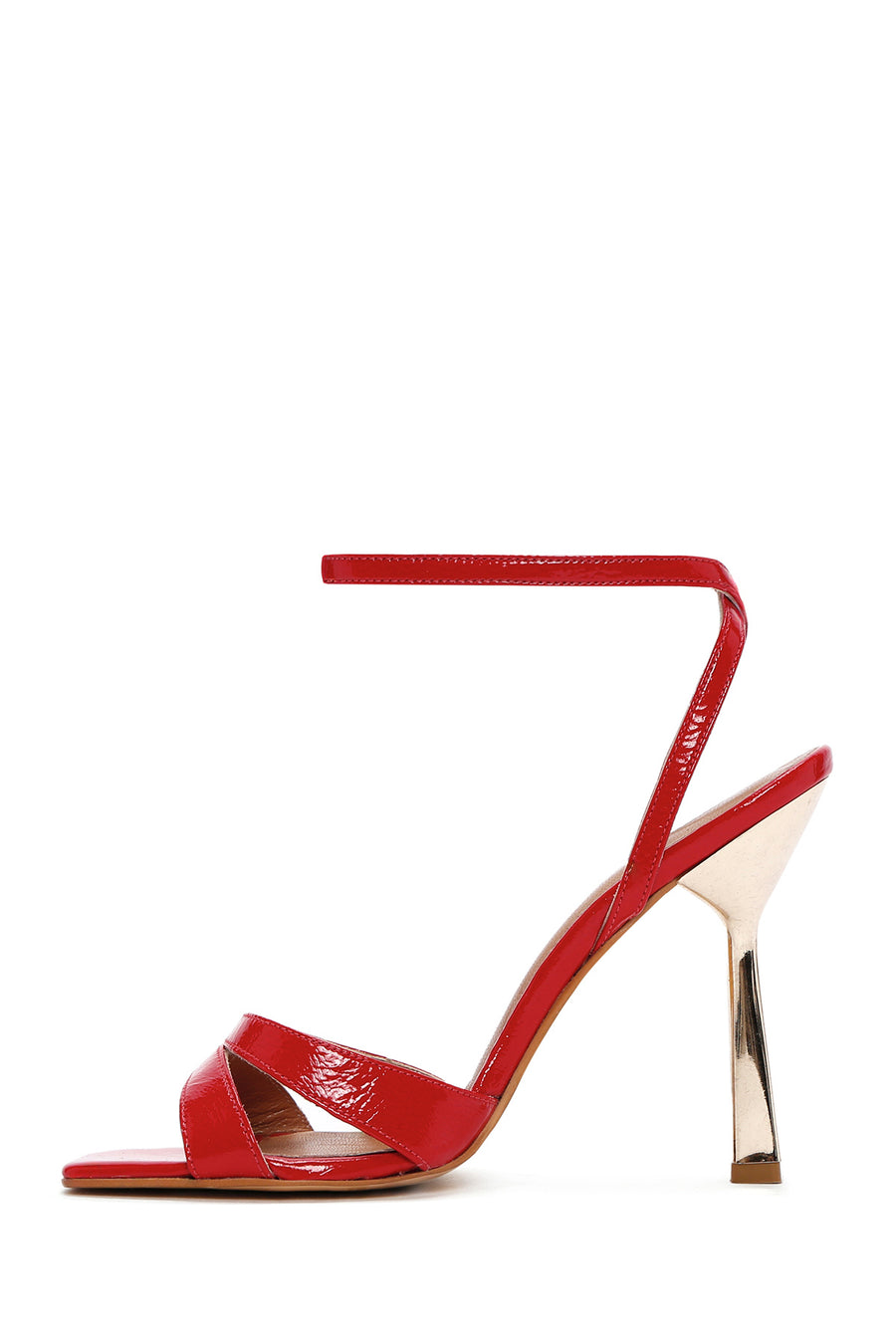Women's Red Ankle Strap Thin Heeled Patent Leather Sandals