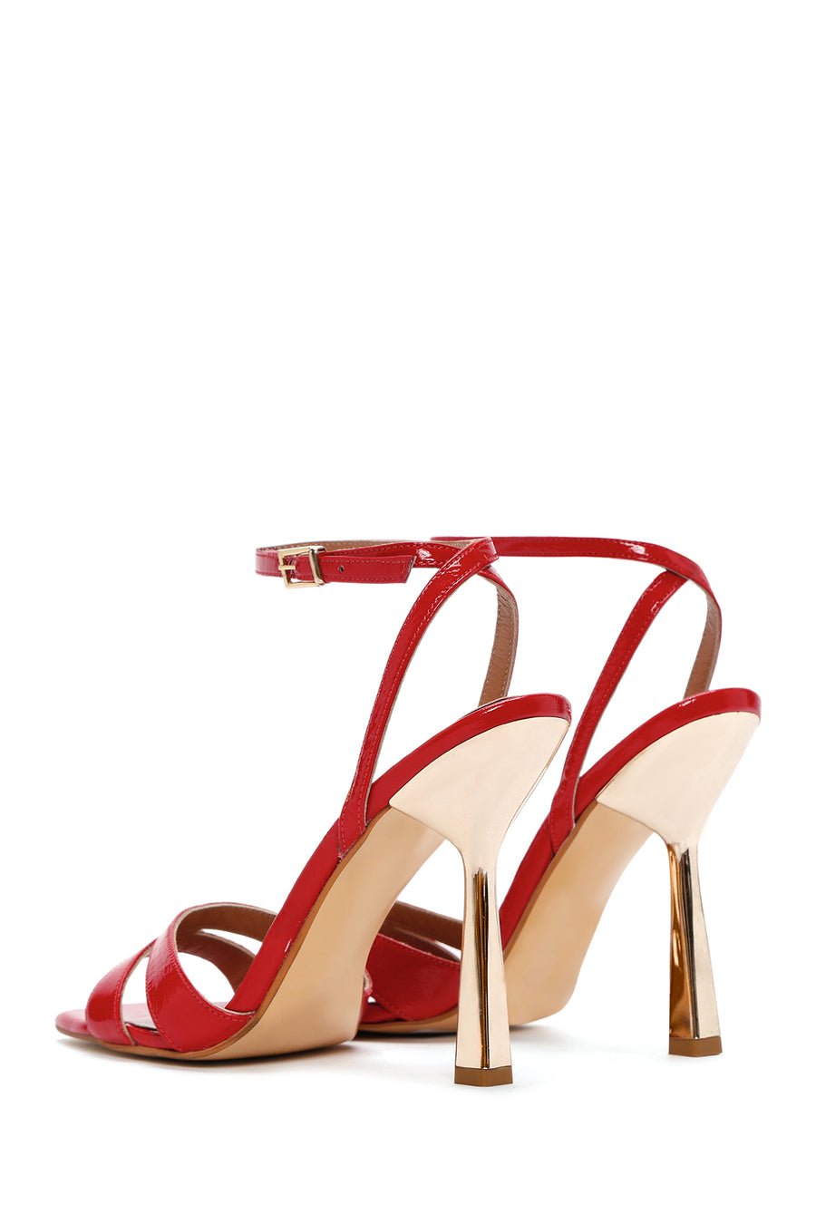 Women's Red Ankle Strap Thin Heeled Patent Leather Sandals