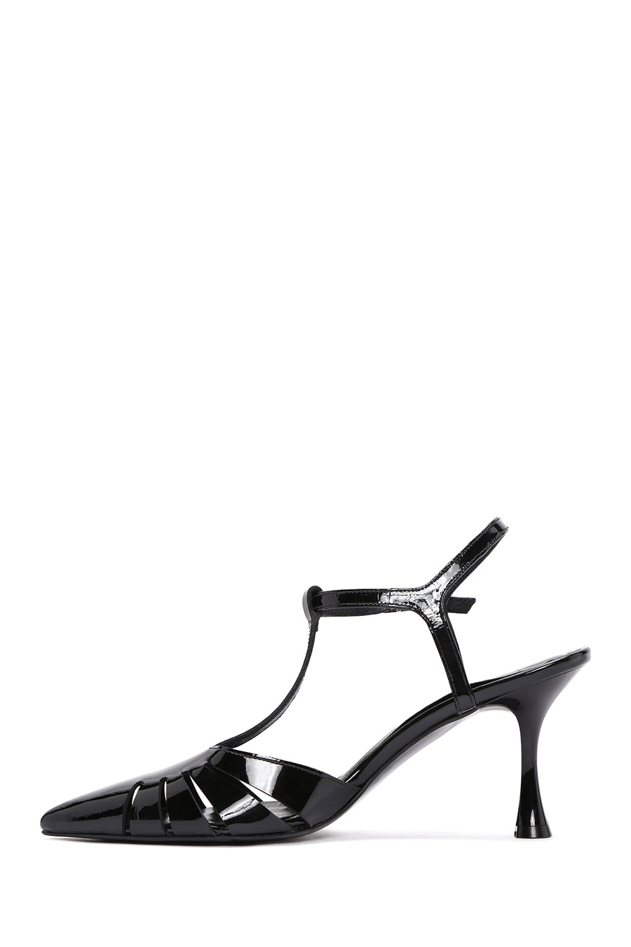 Women's Black Ankle Strap Open Back Thin Heeled Patent Leather Shoes