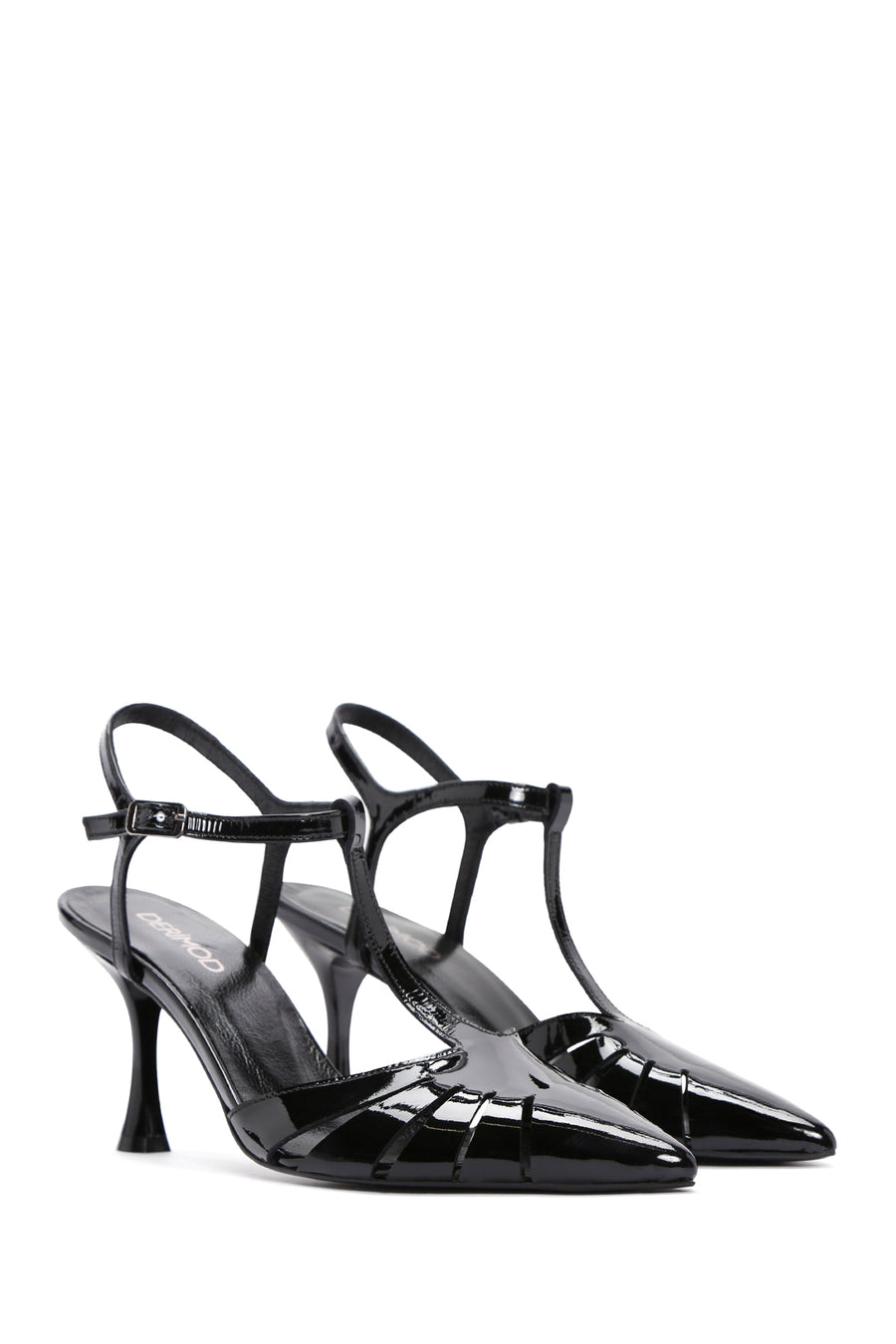 Women's Black Ankle Strap Open Back Thin Heeled Patent Leather Shoes