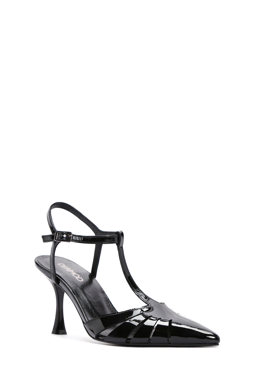 Women's Black Ankle Strap Open Back Thin Heeled Patent Leather Shoes