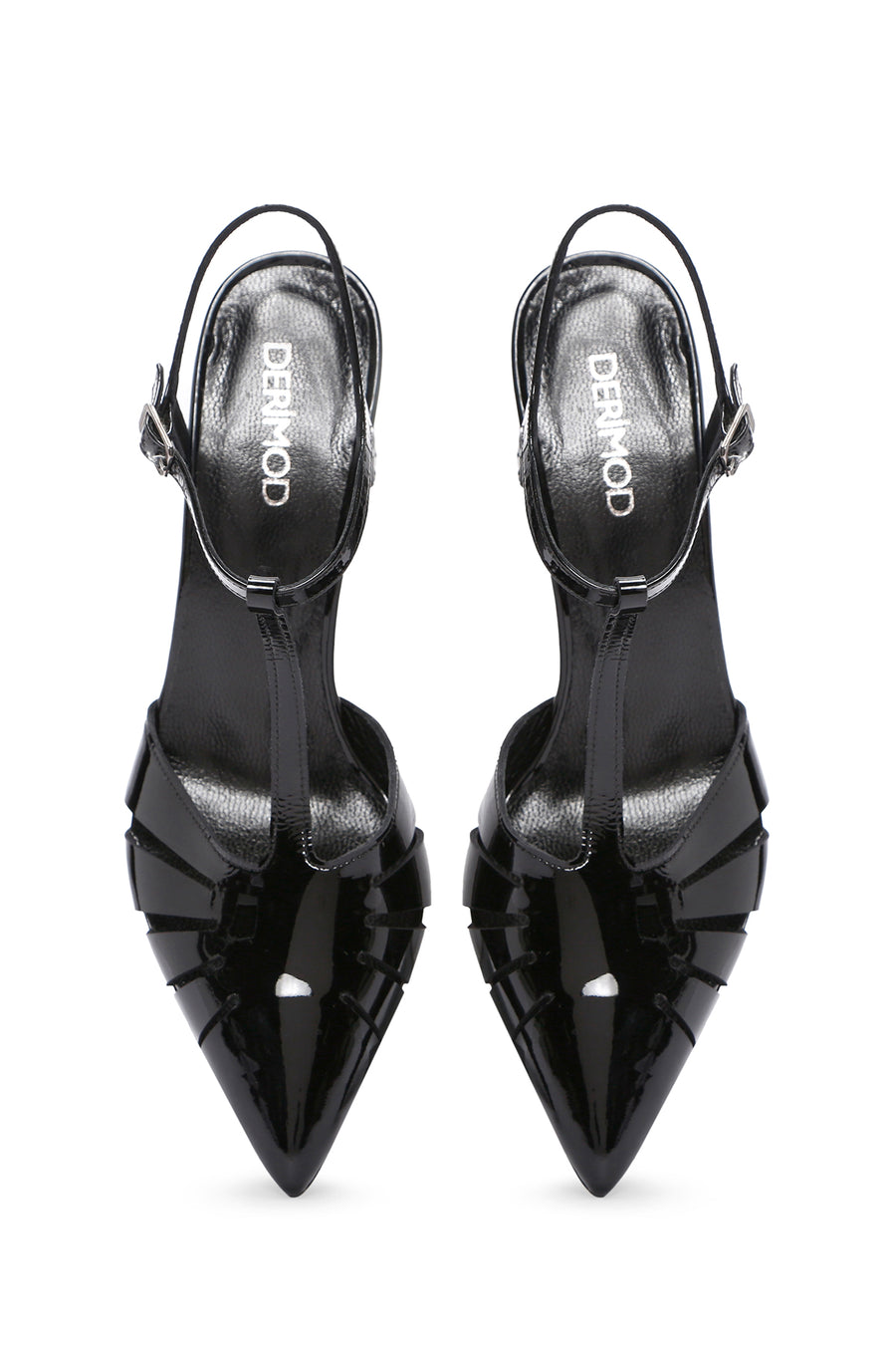 Women's Black Ankle Strap Open Back Thin Heeled Patent Leather Shoes