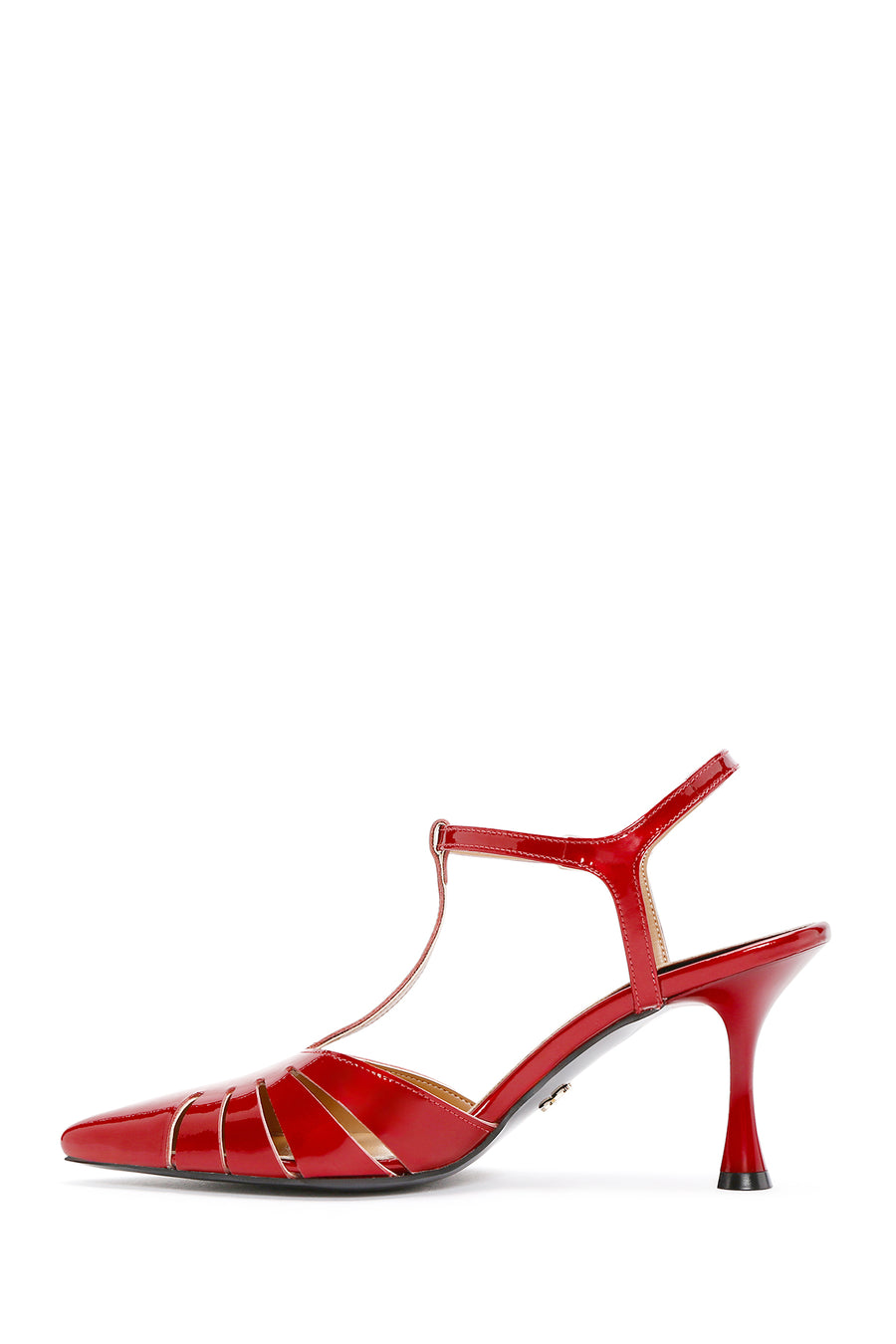 Women's Red Ankle Strap Open Back Thin Heeled Patent Leather Shoes