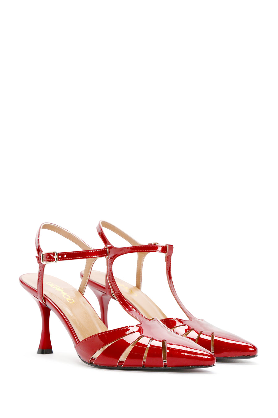 Women's Red Ankle Strap Open Back Thin Heeled Patent Leather Shoes