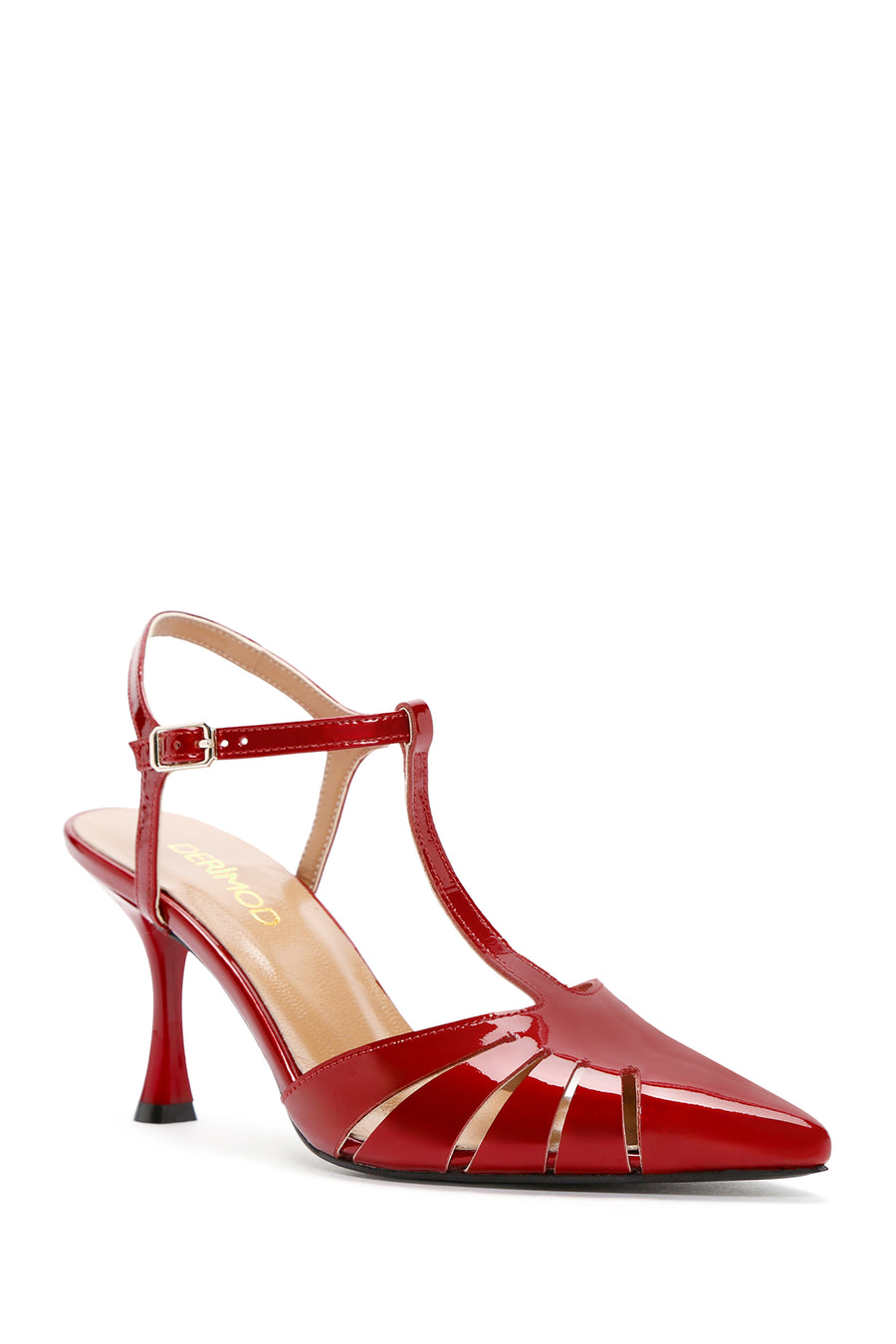 Women's Red Ankle Strap Open Back Thin Heeled Patent Leather Shoes