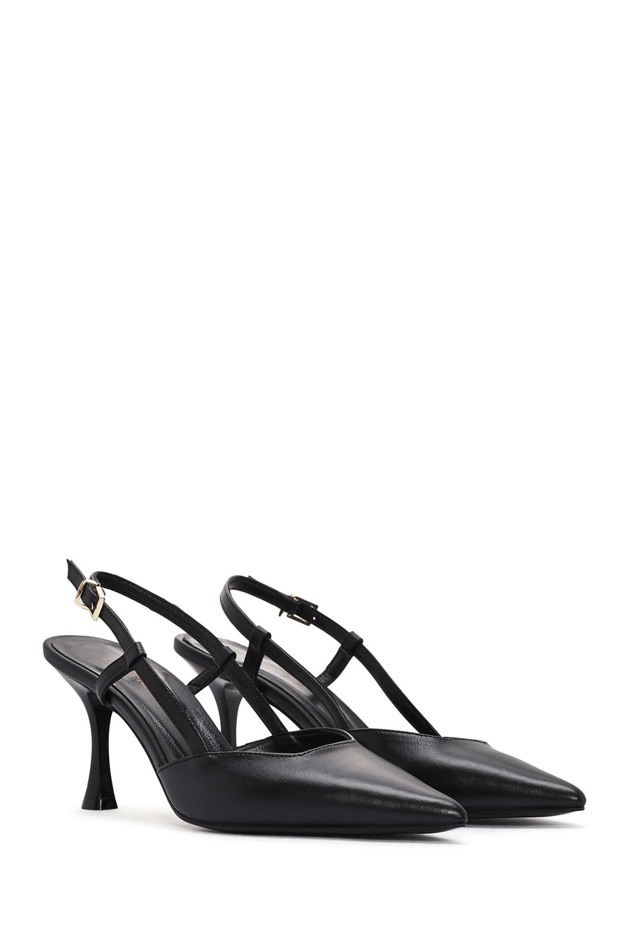 Women's Black Open-Back Heeled Leather Shoes