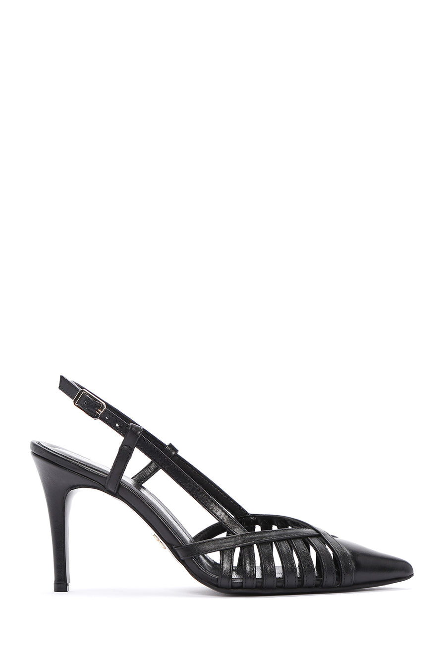 Women's Black Ankle Strap Open Back Thin Heeled Leather Shoes 24SFD161418 | Derimod