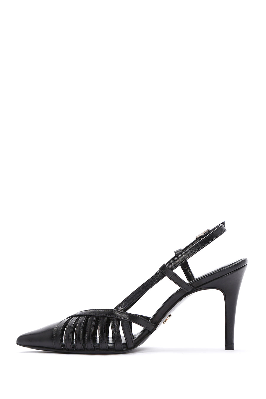 Women's Black Ankle Strap Open Back Thin Heeled Leather Shoes