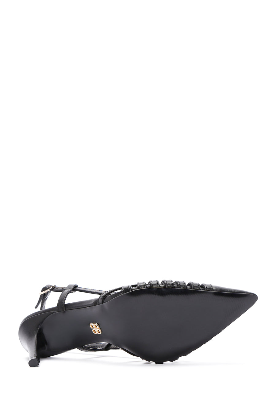 Women's Black Ankle Strap Open Back Thin Heeled Leather Shoes