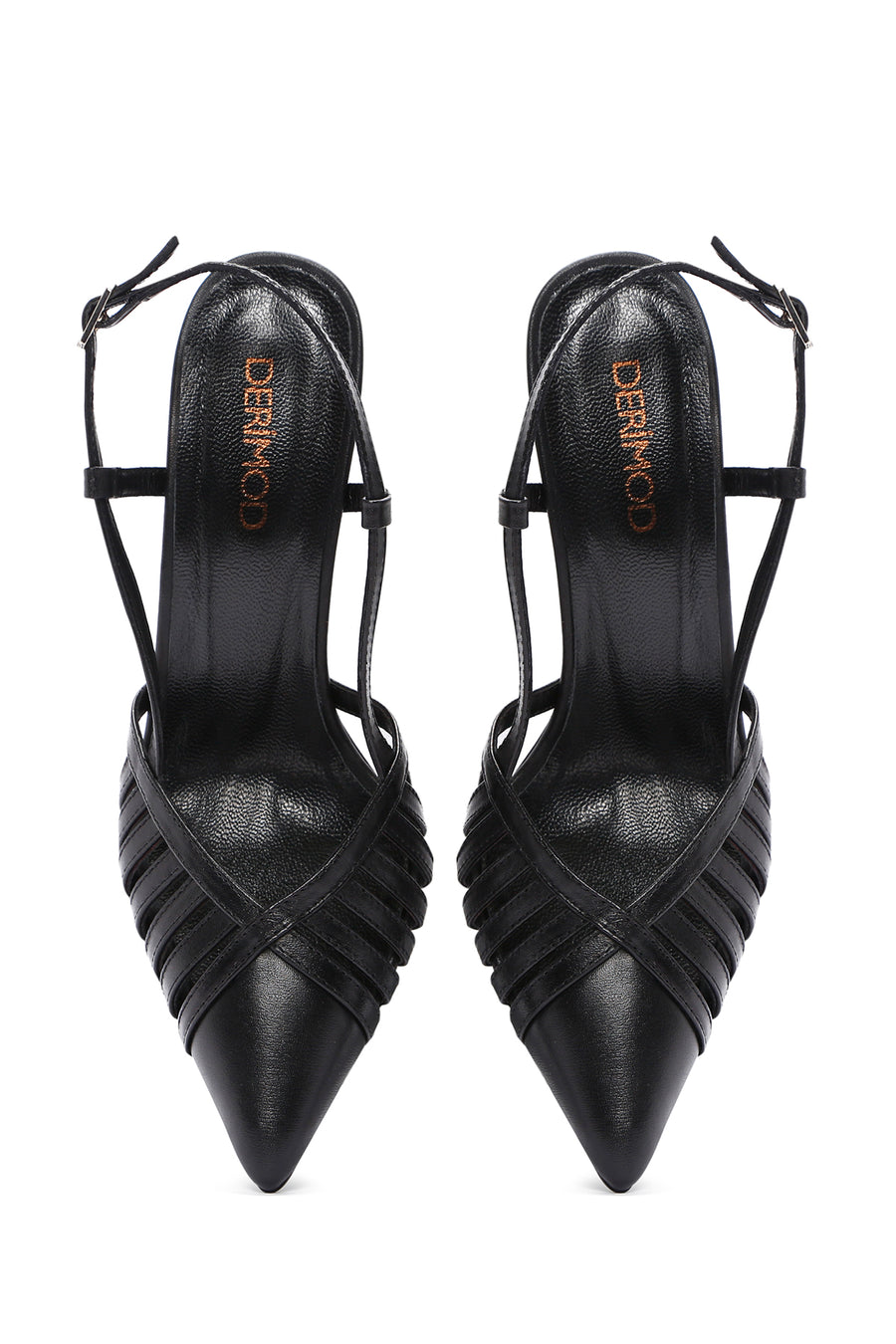 Women's Black Ankle Strap Open Back Thin Heeled Leather Shoes