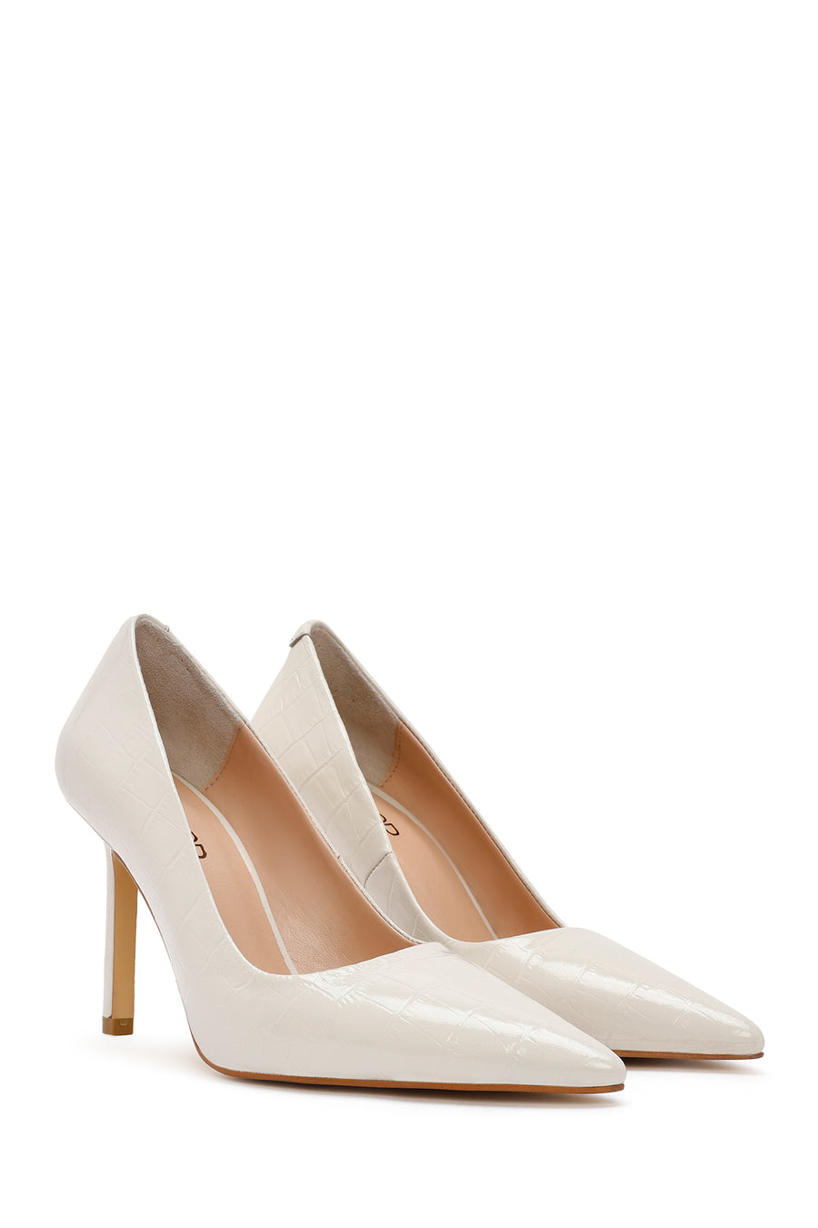Women's Beige Thin Heel Crocodile Patterned Leather Stiletto