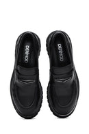 Women's Black Thick Soled Leather Masculine Loafer | Derimod