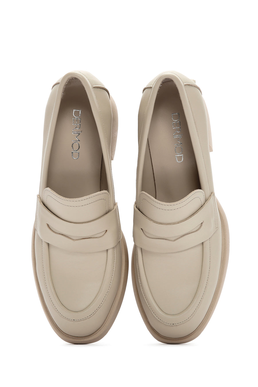 Kadın Krem Kalın Topuklu Deri Maskülen Loafer