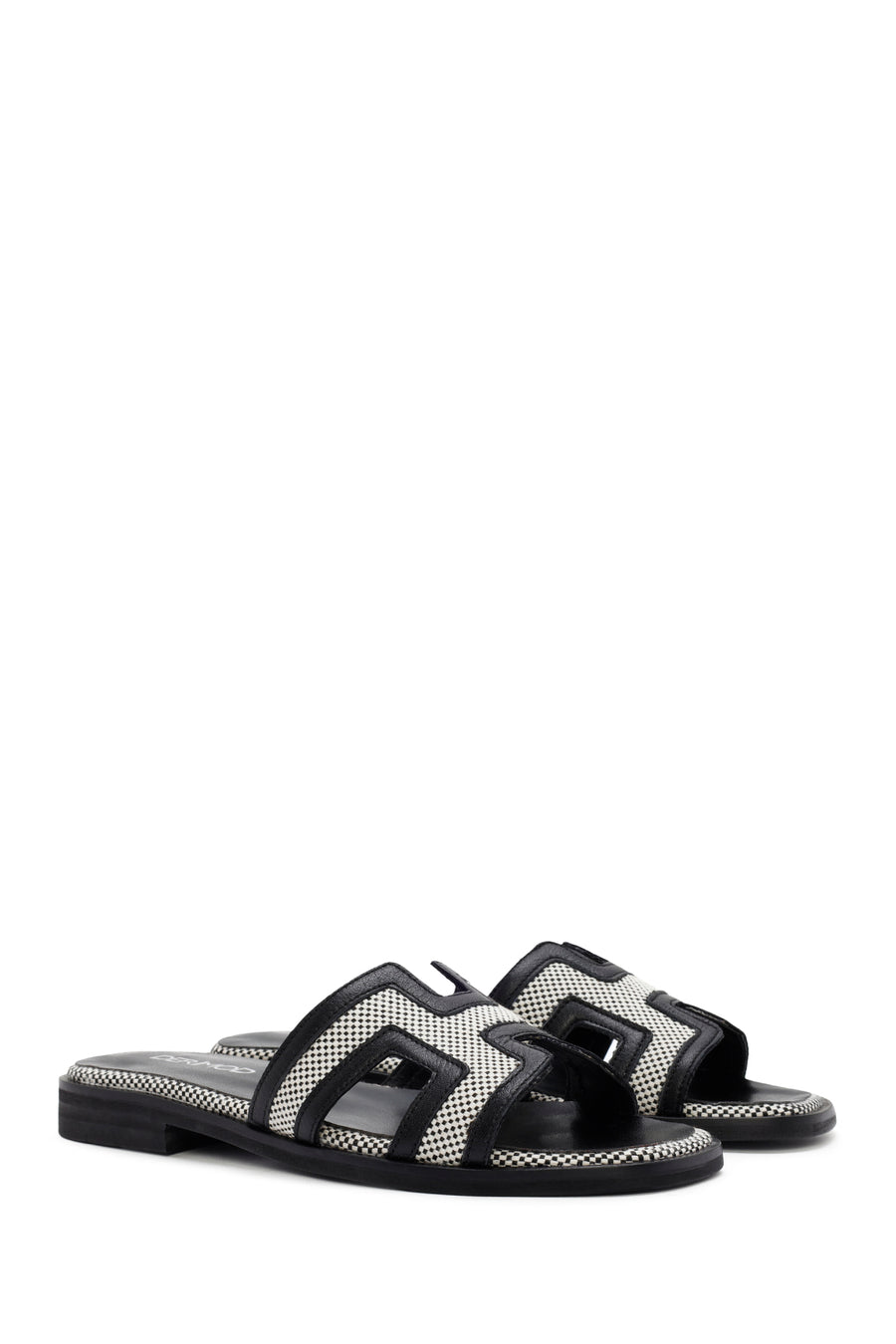 Women's Black Patterned Leather Slippers