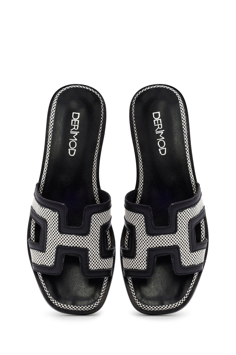 Women's Black Patterned Leather Slippers