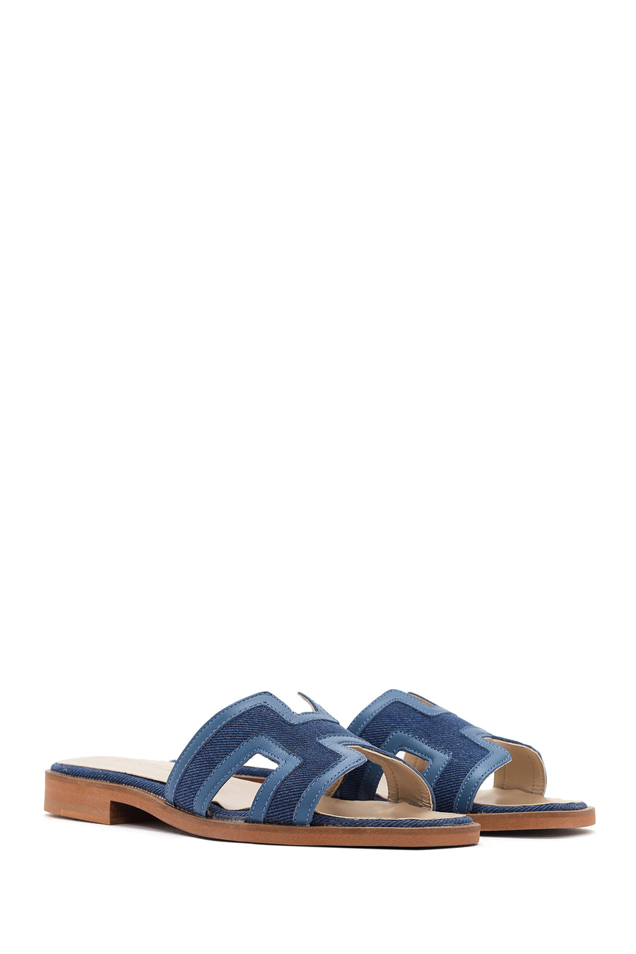 Women's Blue Patterned Leather Slippers