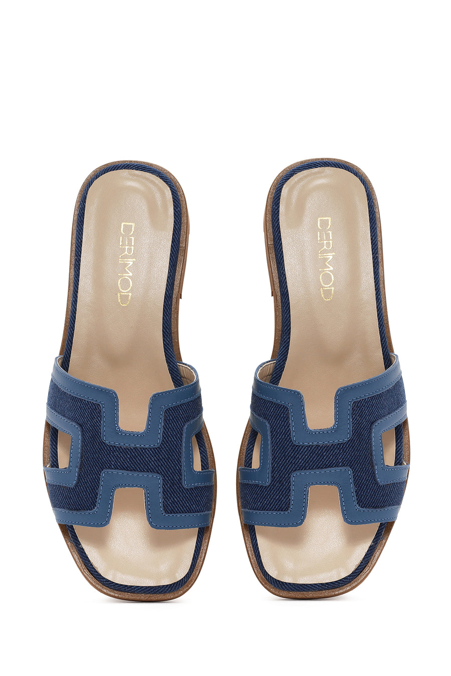 Women's Blue Patterned Leather Slippers