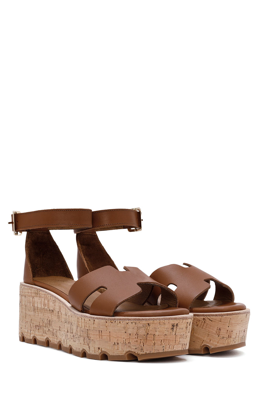Women's Brown Ankle Buckle Thick Soled Leather Sandals