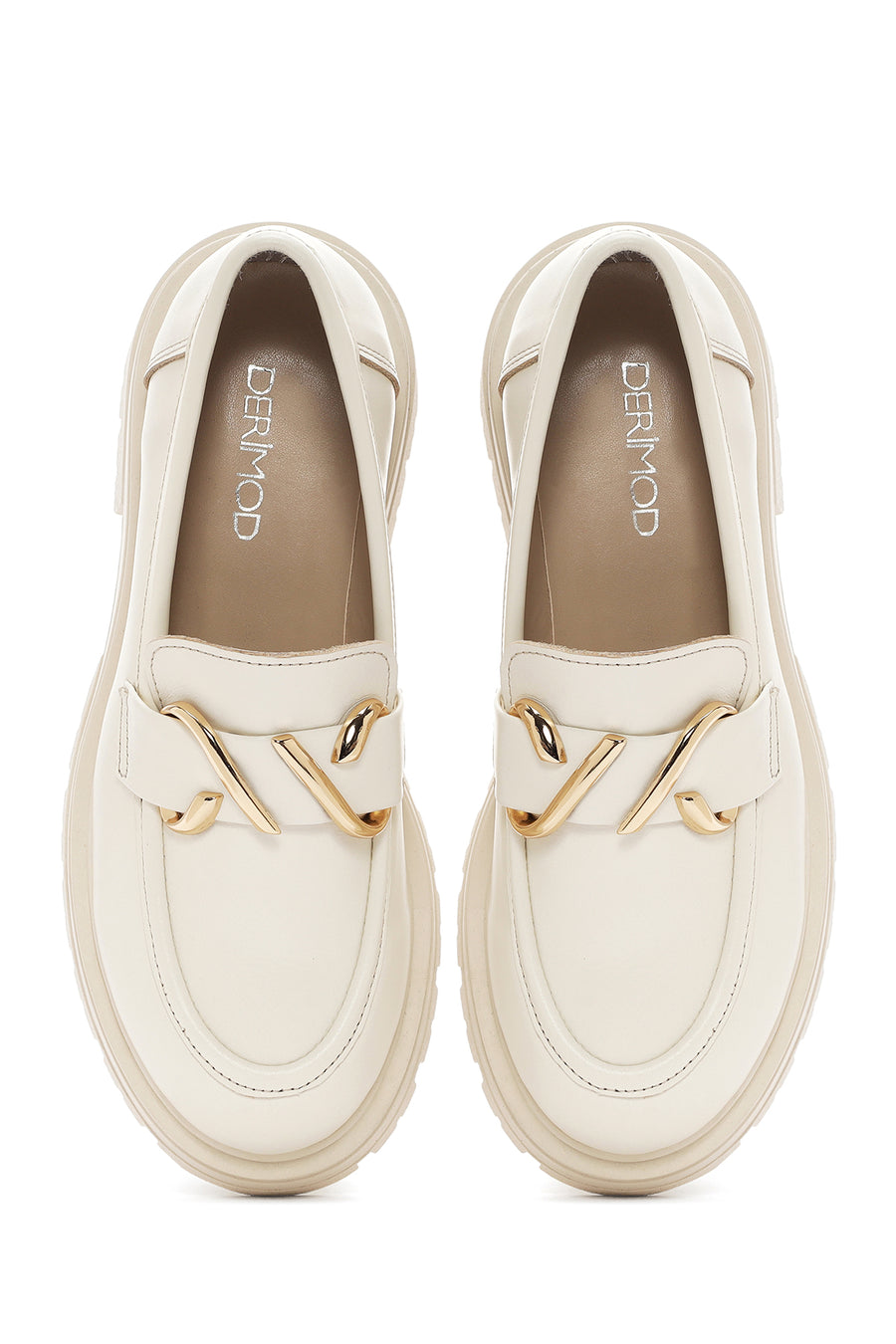 Kadın Krem Deri Maskülen Loafer