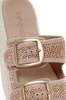 Women's Beige Double Buckle Straw Leather Slippers | Derimod