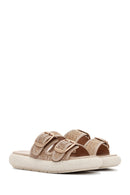 Women's Beige Double Buckle Straw Leather Slippers | Derimod