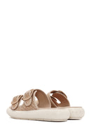 Women's Beige Double Buckle Straw Leather Slippers | Derimod