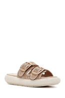 Women's Beige Double Buckle Straw Leather Slippers | Derimod