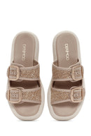 Women's Beige Double Buckle Straw Leather Slippers | Derimod