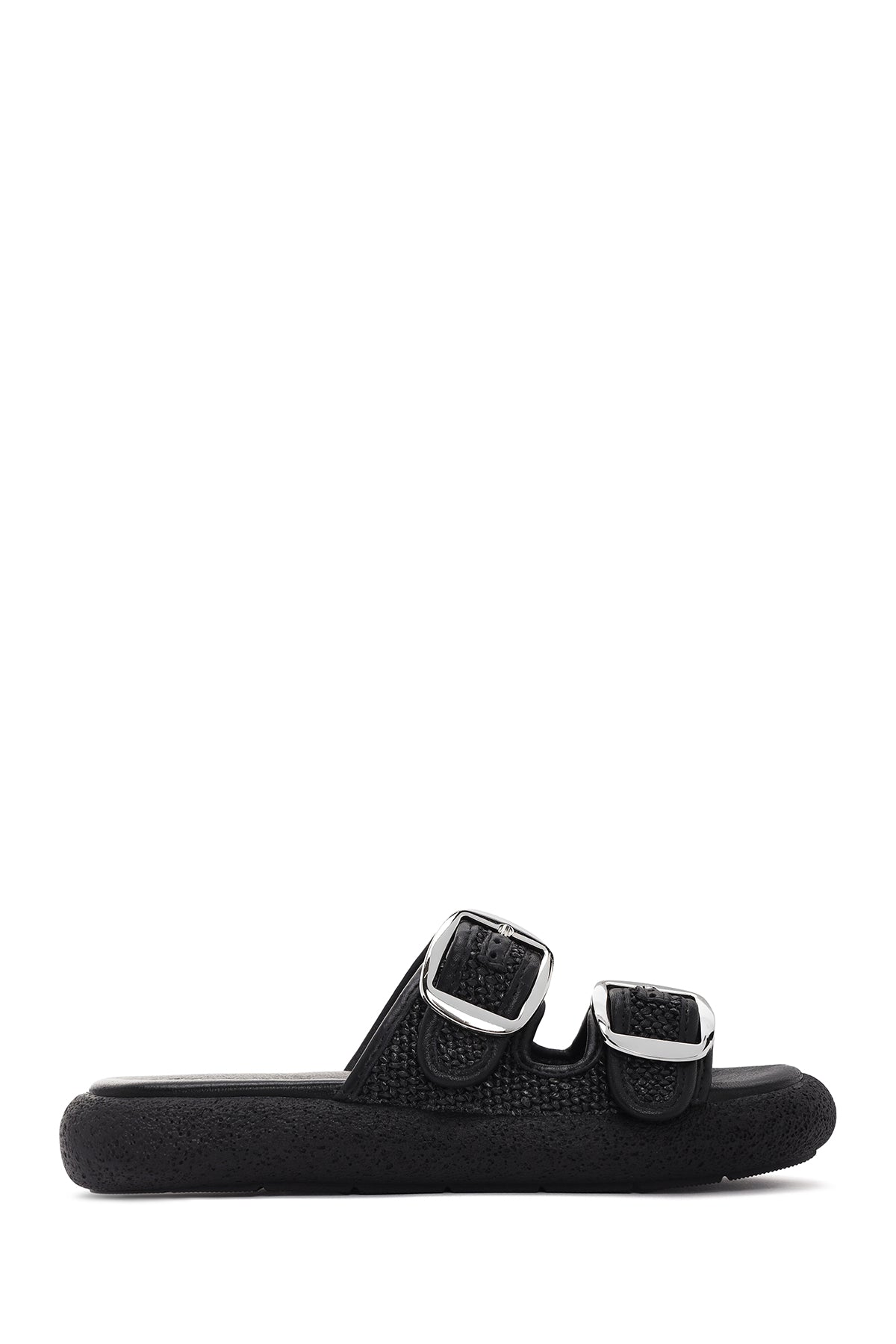 Women's Black Double Buckle Straw Leather Slippers 24SFD2008M7 | Derimod