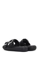 Women's Black Double Buckle Straw Leather Slippers | Derimod
