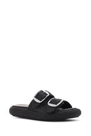 Women's Black Double Buckle Straw Leather Slippers | Derimod