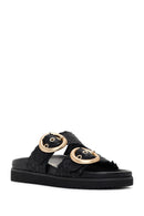 Kadın Siyah Çift Tokalı Örgü Deri Terlik | Derimod