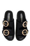 Kadın Siyah Çift Tokalı Örgü Deri Terlik | Derimod