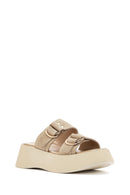 Kadın Bej Kalın Tabanlı Süet Deri Terlik | Derimod