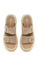 Kadın Bej Kalın Tabanlı Süet Deri Terlik | Derimod