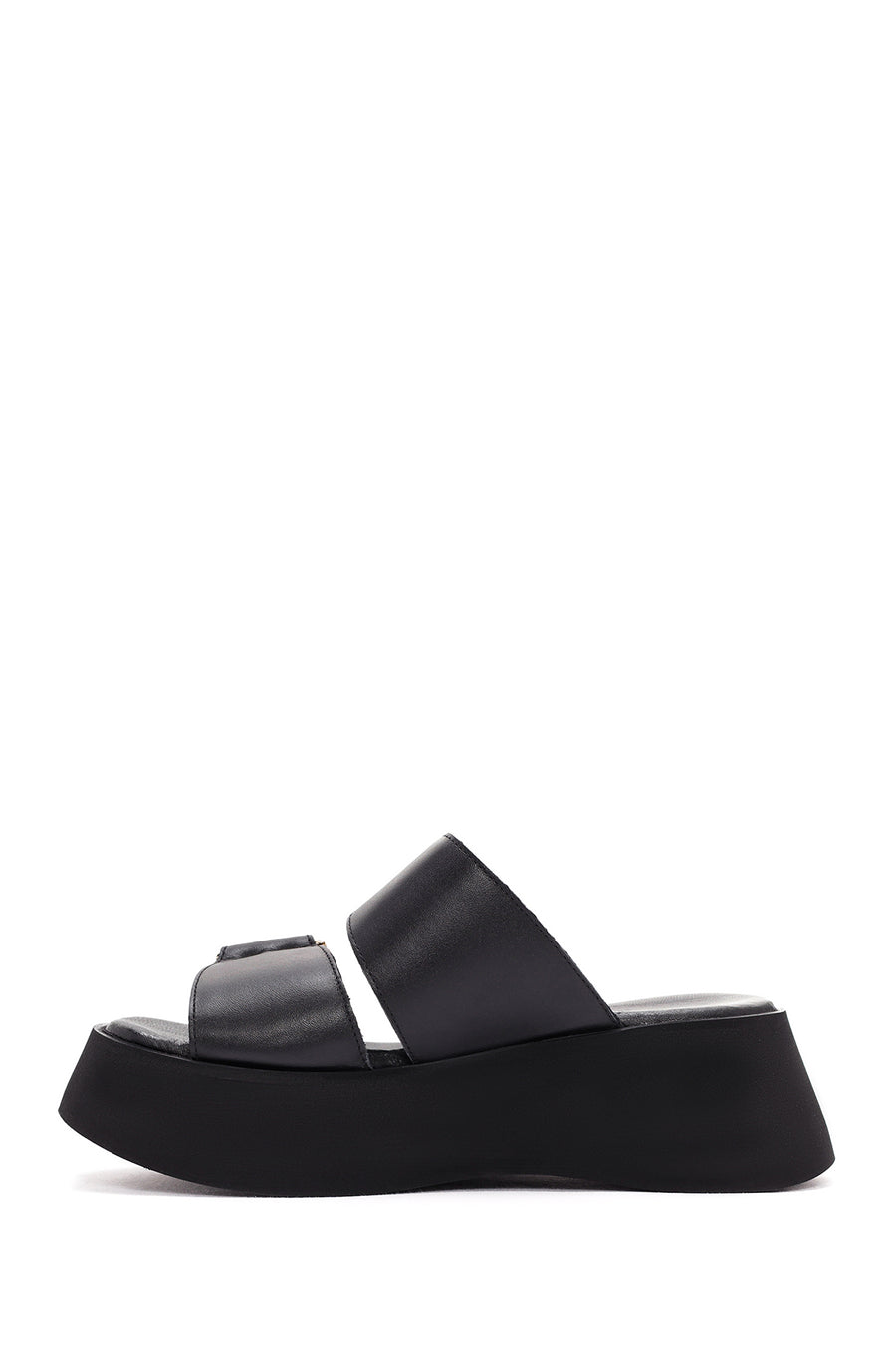 Women's Black Thick Soled Leather Slippers