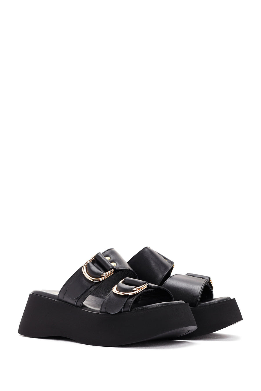Women's Black Thick Soled Leather Slippers