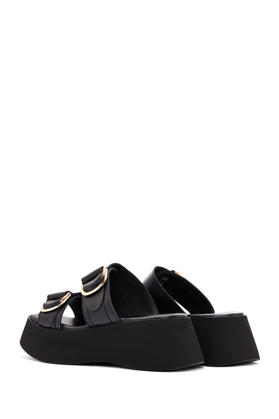 Women's Black Thick Soled Leather Slippers