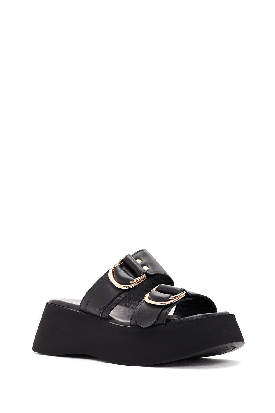 Women's Black Thick Soled Leather Slippers