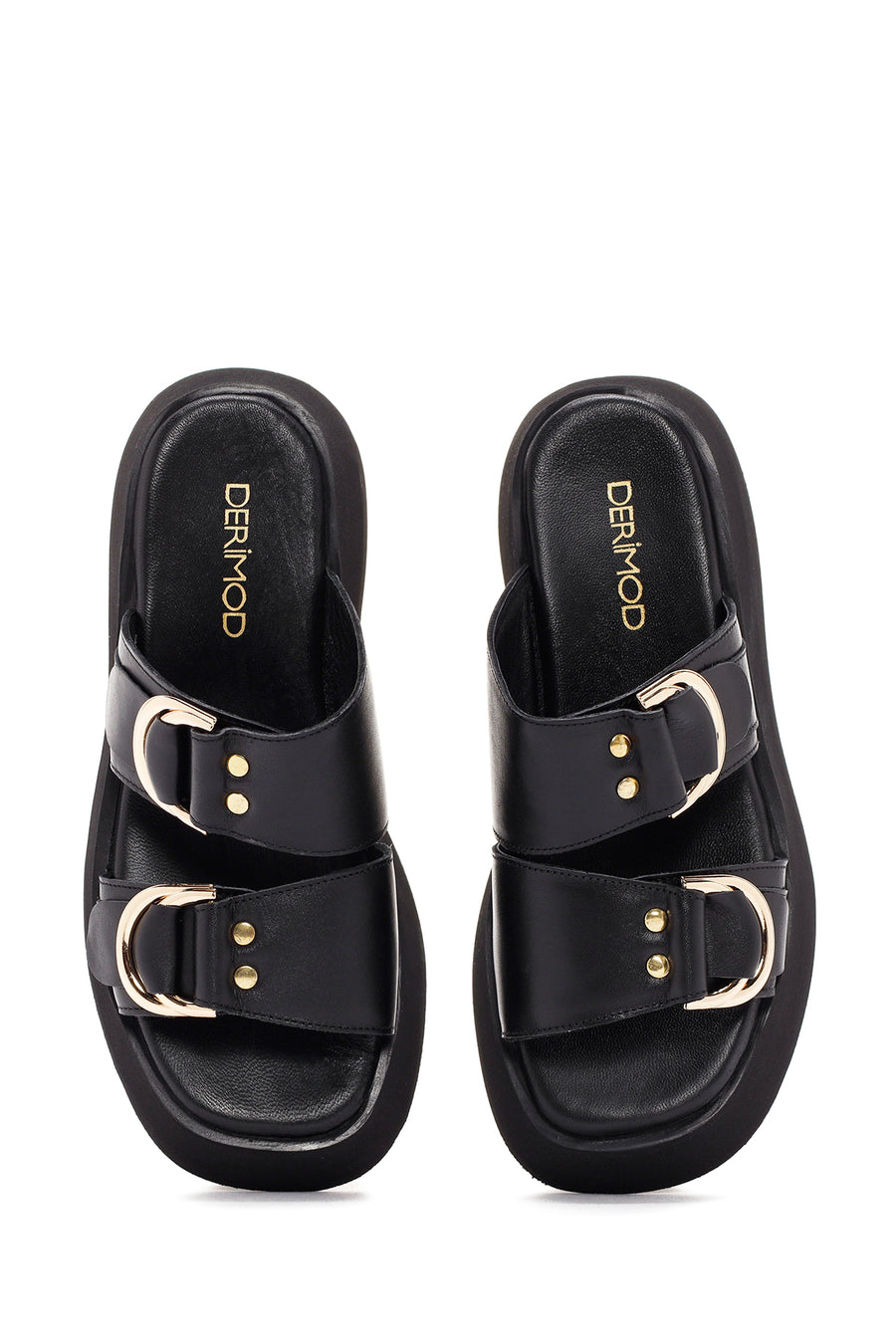 Women's Black Thick Soled Leather Slippers