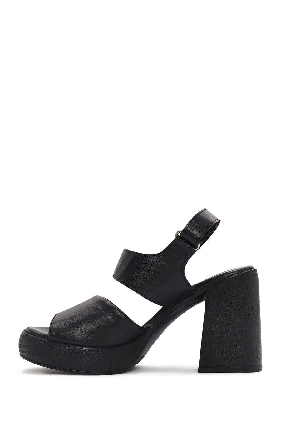 Women's Black Ankle Strap Thick Heeled Leather Sandals
