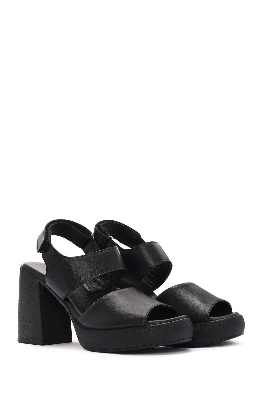 Women's Black Ankle Strap Thick Heeled Leather Sandals