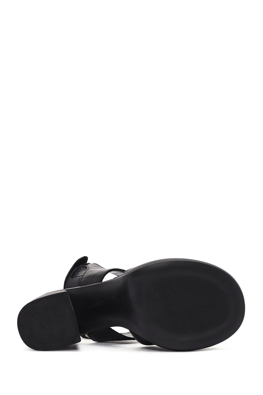 Women's Black Ankle Strap Thick Heeled Leather Sandals