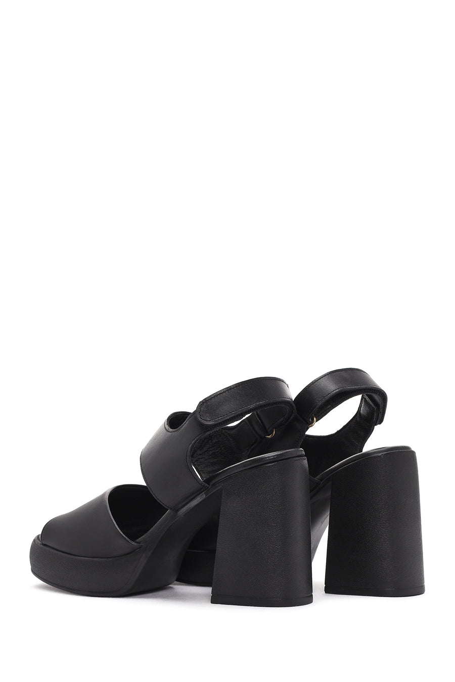 Women's Black Ankle Strap Thick Heeled Leather Sandals