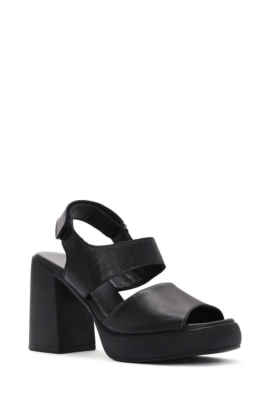Women's Black Ankle Strap Thick Heeled Leather Sandals